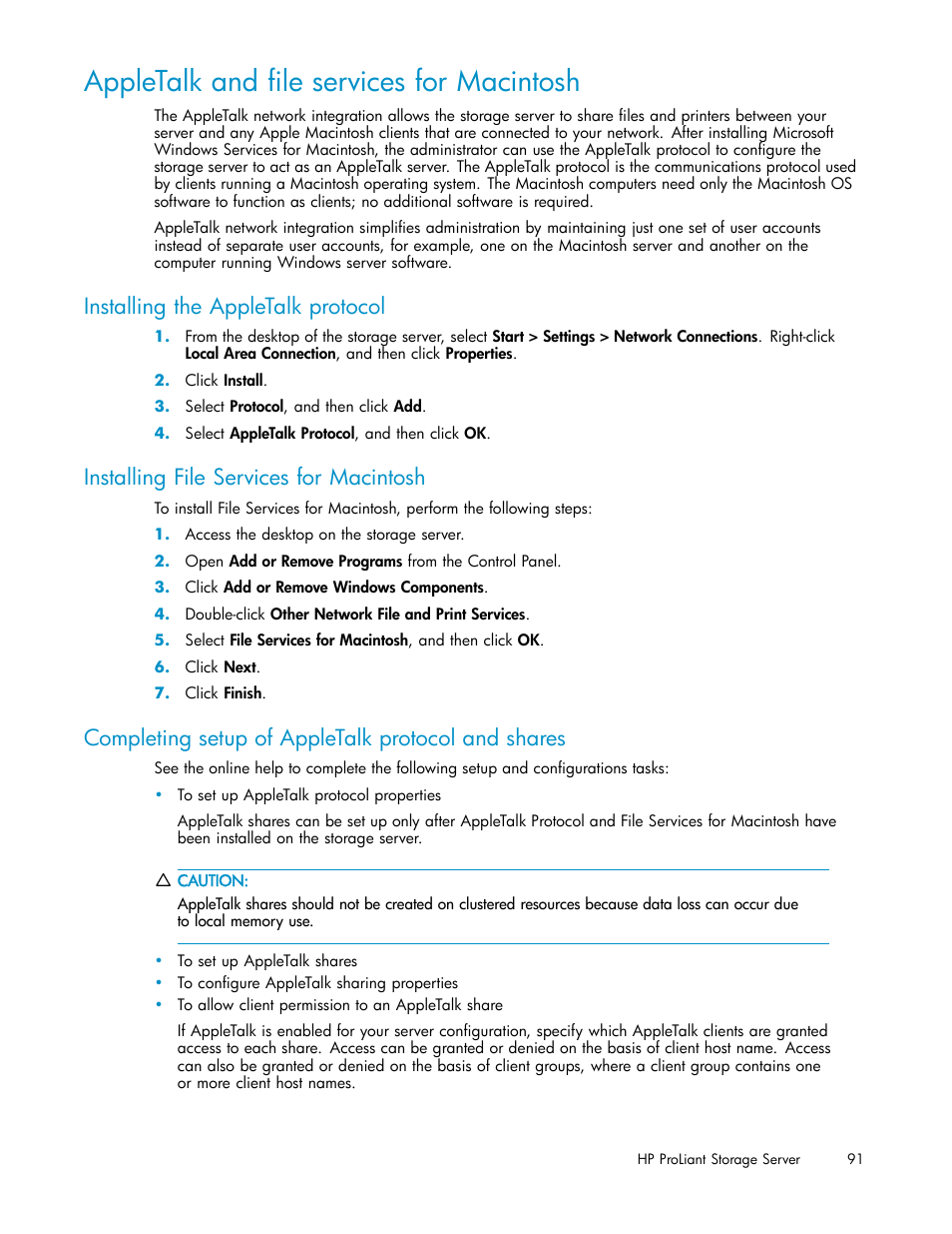 Appletalk and file services for macintosh, Installing the appletalk protocol, Installing file services for macintosh | Completing setup of appletalk protocol and shares | HP ProLiant DL585 G2 Storage-Server User Manual | Page 91 / 150