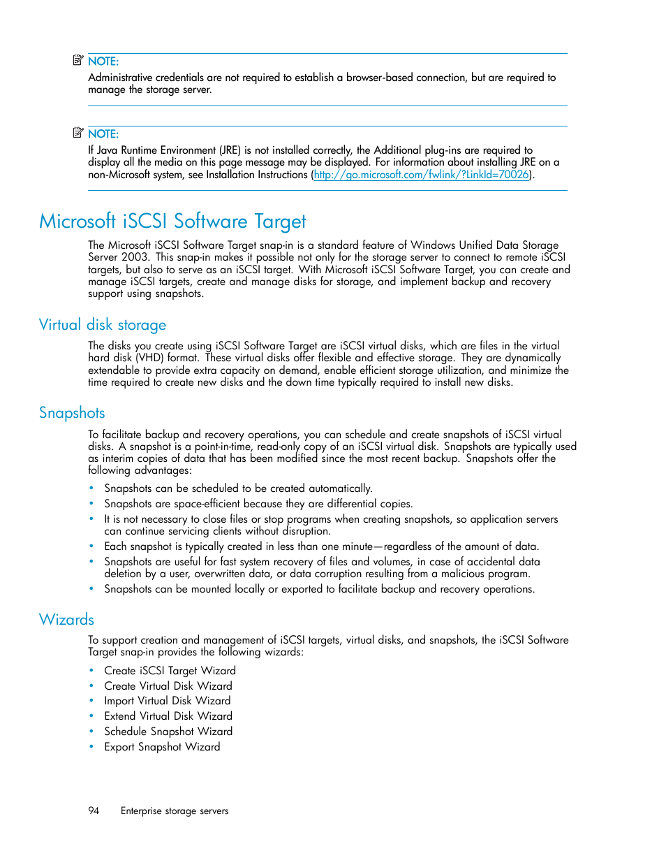 Microsoft iscsi software target, Virtual disk storage, Snapshots | Wizards | HP ProLiant DL585 G2 Storage-Server User Manual | Page 94 / 150