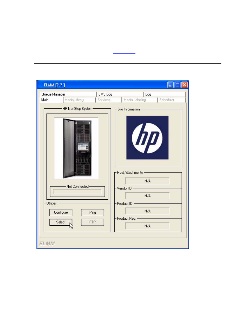 Connecting to the acl with the elmm server gui, Figure 4-3, Elmm main tab - select | HP Integrity NonStop J-Series User Manual | Page 48 / 96