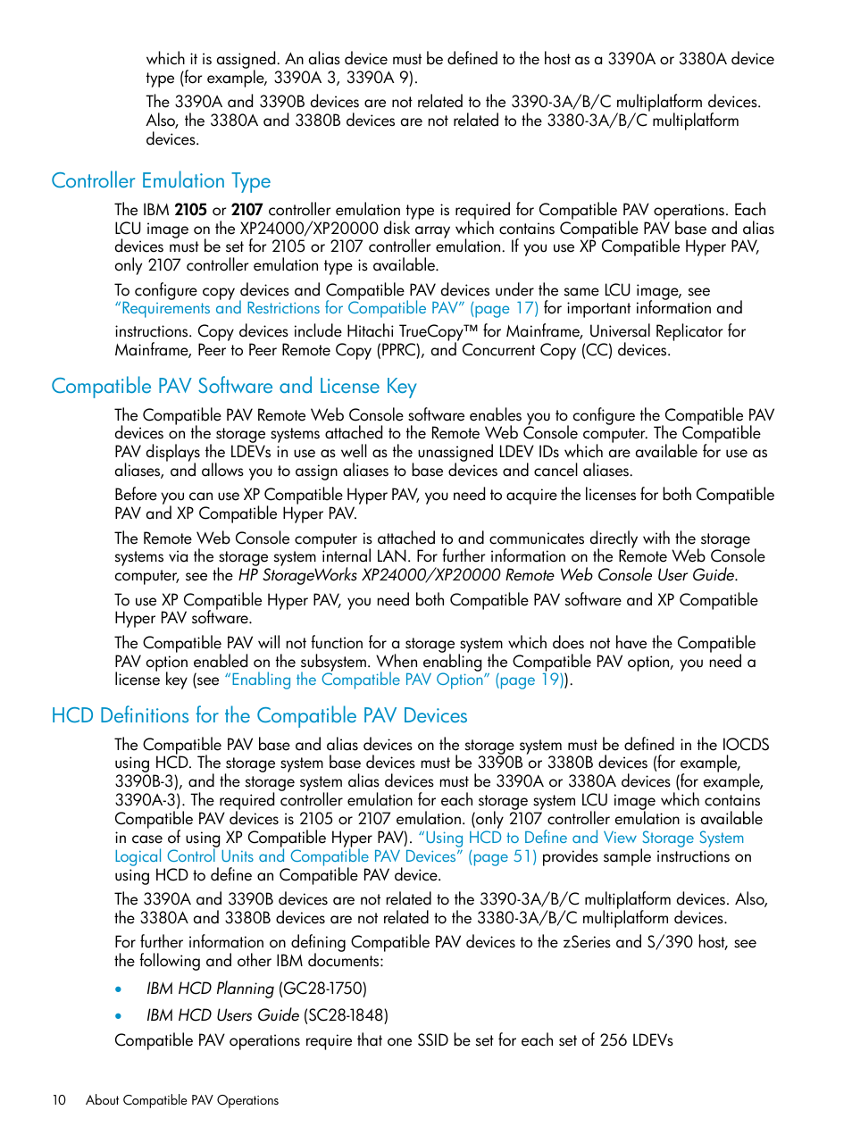 Controller emulation type, Compatible pav software and license key, Hcd definitions for the compatible pav devices | HP StorageWorks XP Remote Web Console Software User Manual | Page 10 / 75