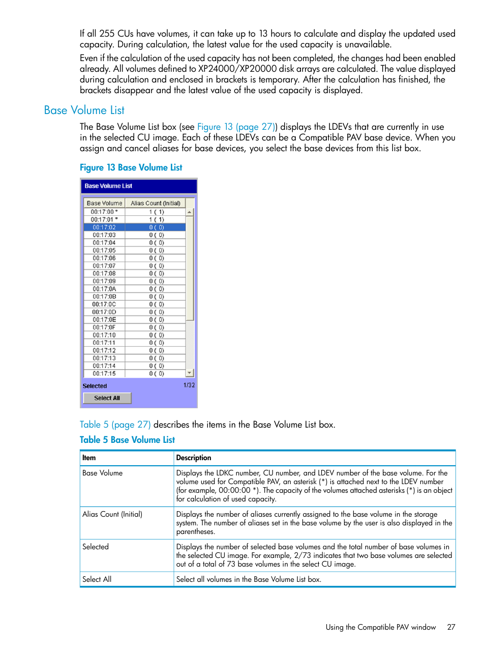 Base volume list | HP StorageWorks XP Remote Web Console Software User Manual | Page 27 / 75