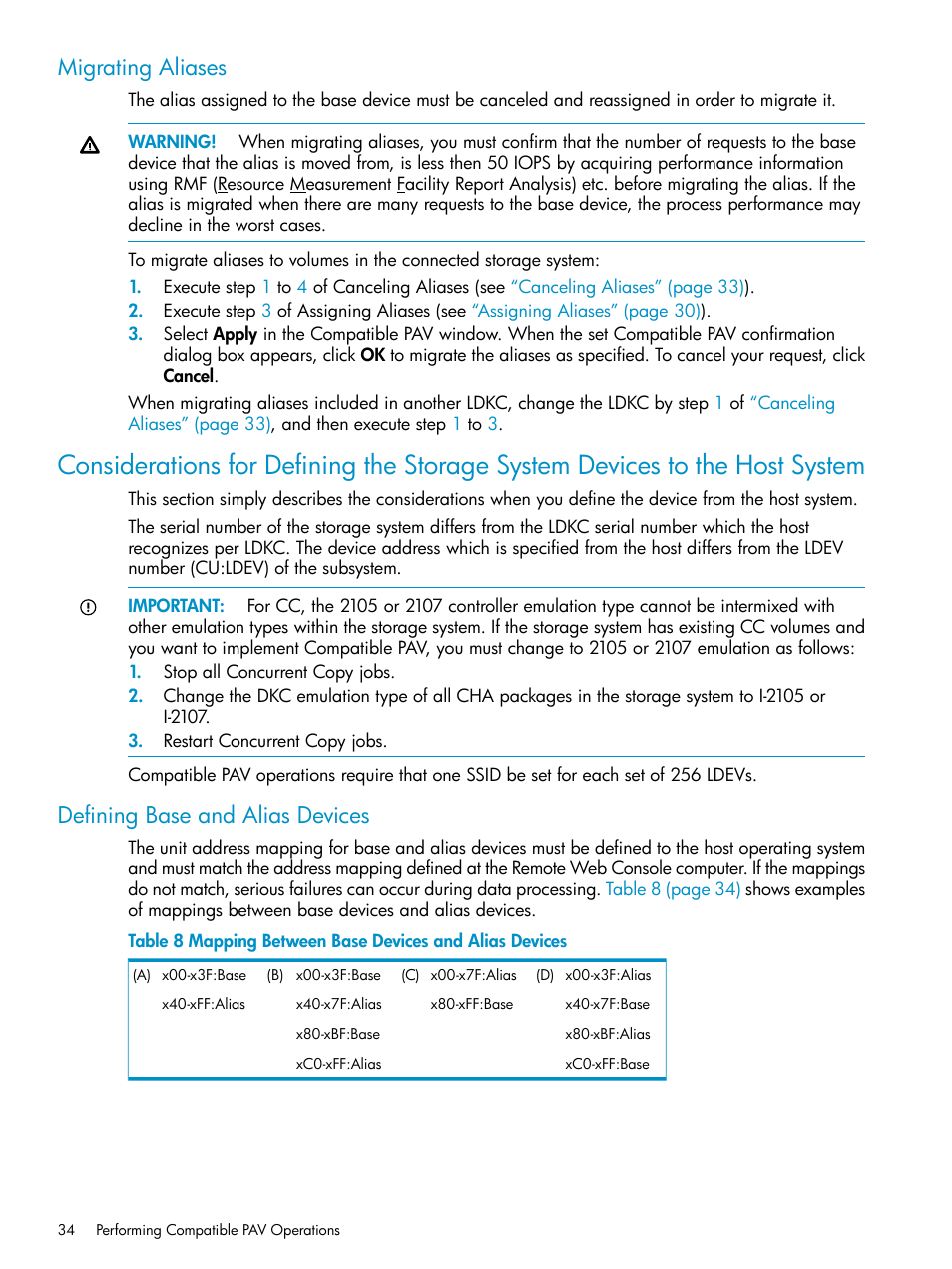 Migrating aliases, Defining base and alias devices, Considerations for defining the | HP StorageWorks XP Remote Web Console Software User Manual | Page 34 / 75