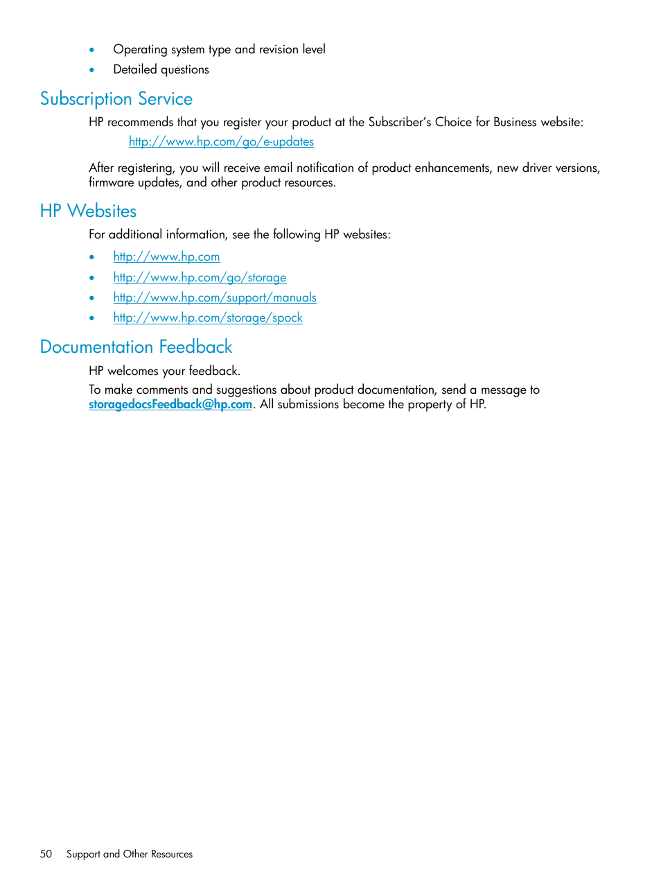 Subscription service, Hp websites, Documentation feedback | HP StorageWorks XP Remote Web Console Software User Manual | Page 50 / 75