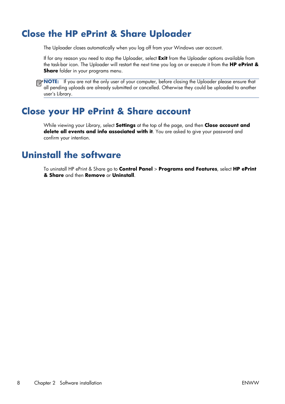 Close the hp eprint & share uploader, Close your hp eprint & share account, Uninstall the software | HP Designjet T1300 ePrinter User Manual | Page 12 / 54