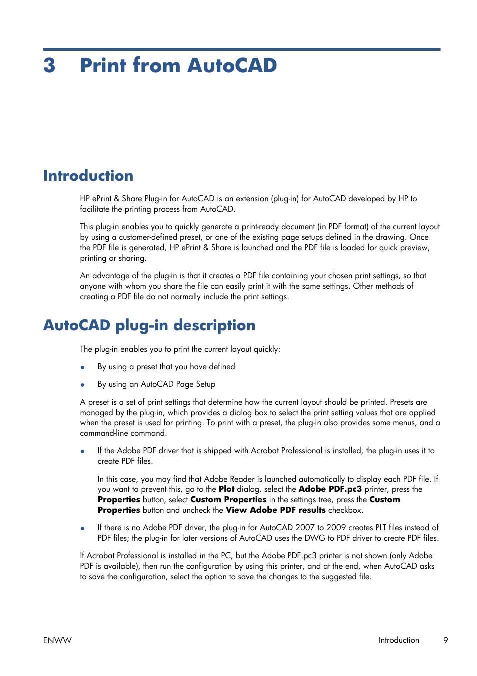 3 print from autocad, Introduction, Autocad plug-in description | HP Designjet T1300 ePrinter User Manual | Page 13 / 54