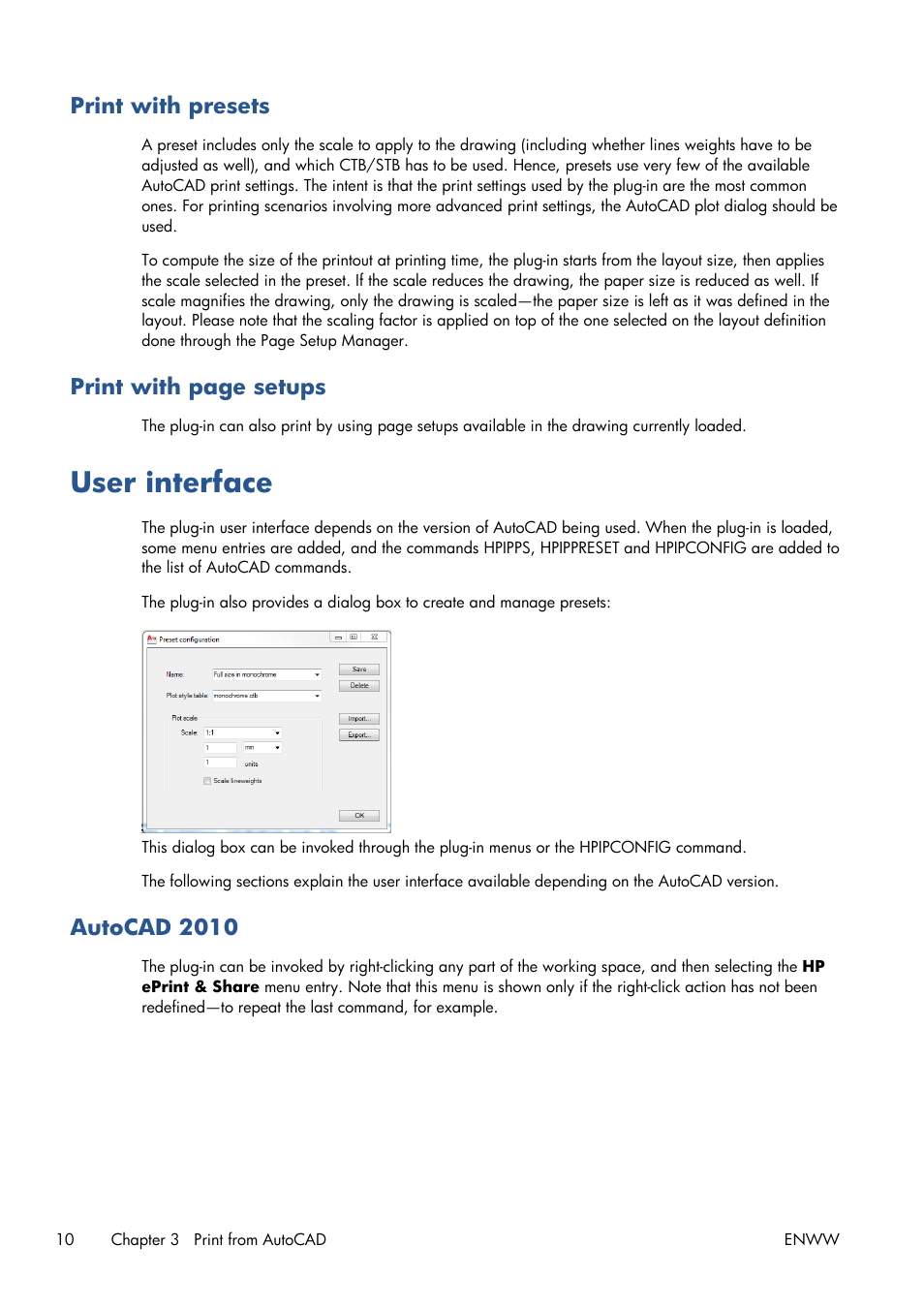 User interface, Print with presets, Print with page setups | Autocad 2010 | HP Designjet T1300 ePrinter User Manual | Page 14 / 54