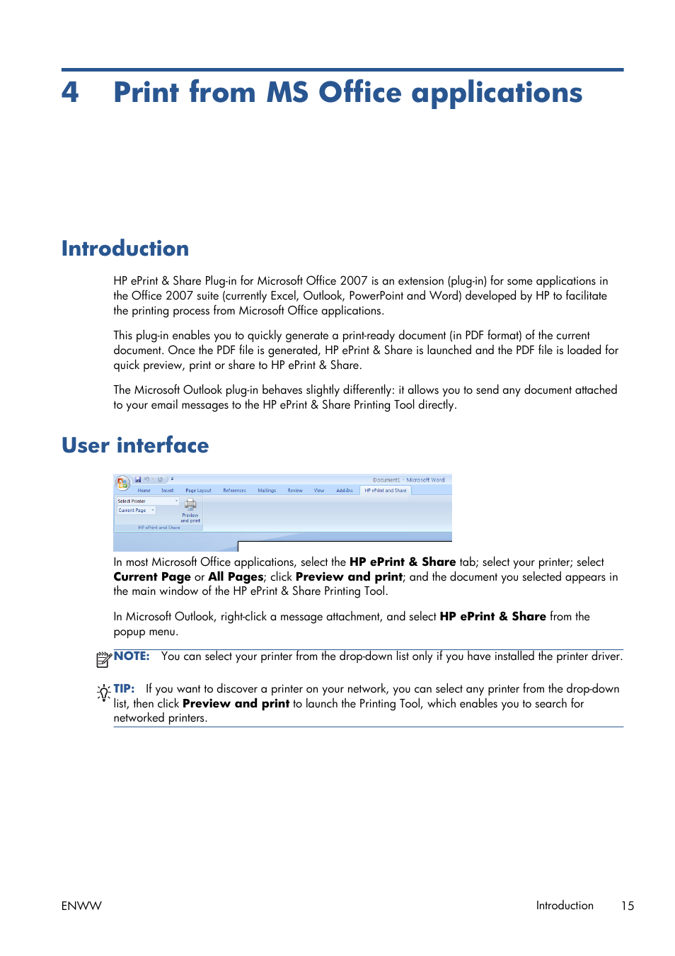 4 print from ms office applications, Introduction, User interface | HP Designjet T1300 ePrinter User Manual | Page 19 / 54