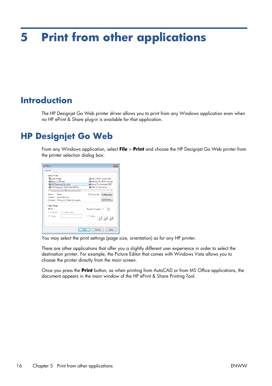 5 print from other applications, Introduction, Hp designjet go web | HP Designjet T1300 ePrinter User Manual | Page 20 / 54