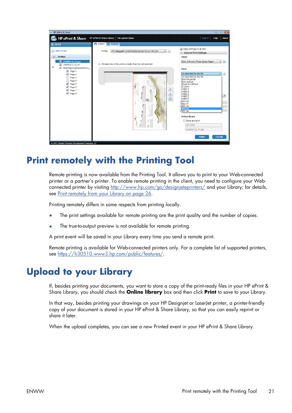 Print remotely with the printing tool, Upload to your library | HP Designjet T1300 ePrinter User Manual | Page 25 / 54