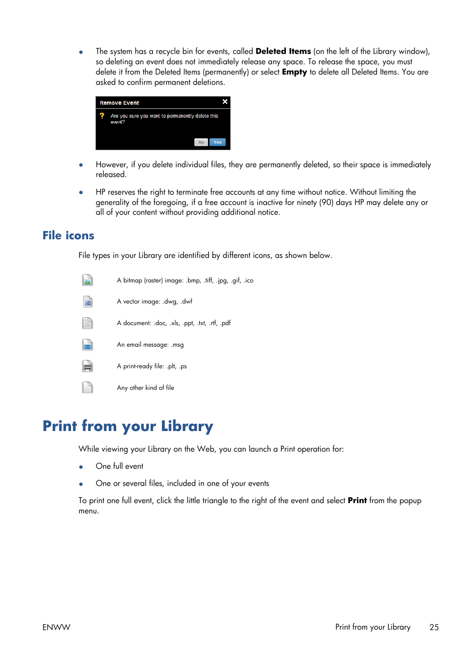 Print from your library, File icons | HP Designjet T1300 ePrinter User Manual | Page 29 / 54