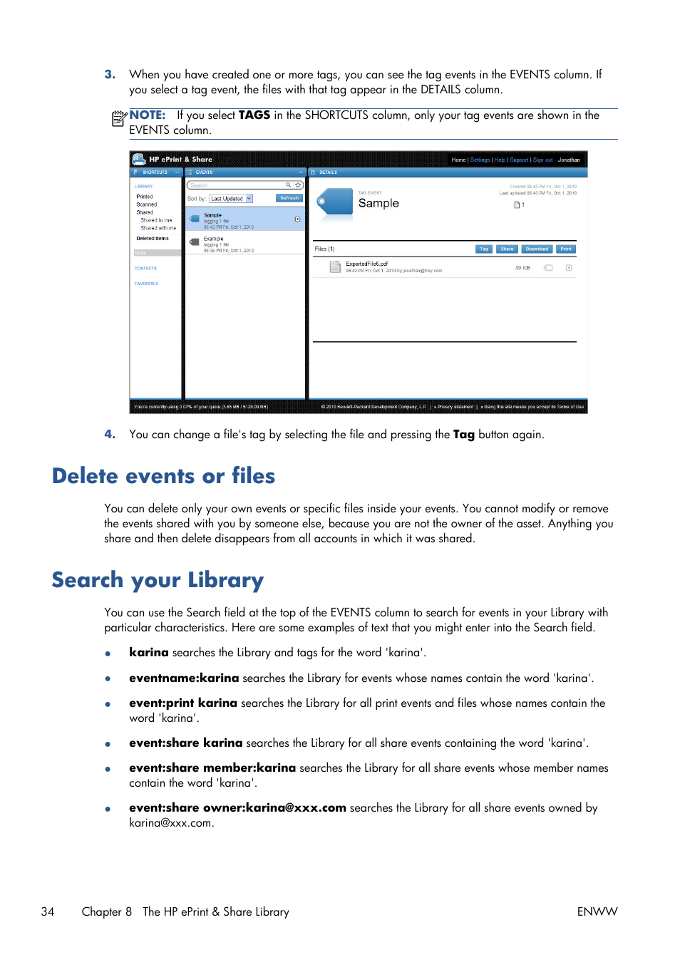 Delete events or files, Search your library | HP Designjet T1300 ePrinter User Manual | Page 38 / 54