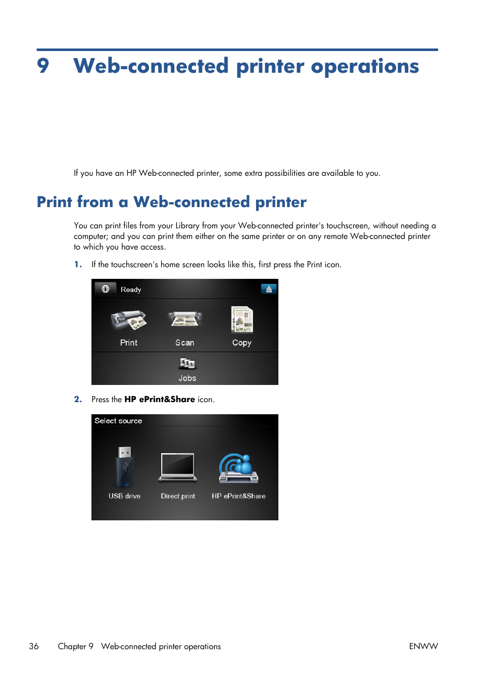 9 web-connected printer operations, Print from a web-connected printer | HP Designjet T1300 ePrinter User Manual | Page 40 / 54