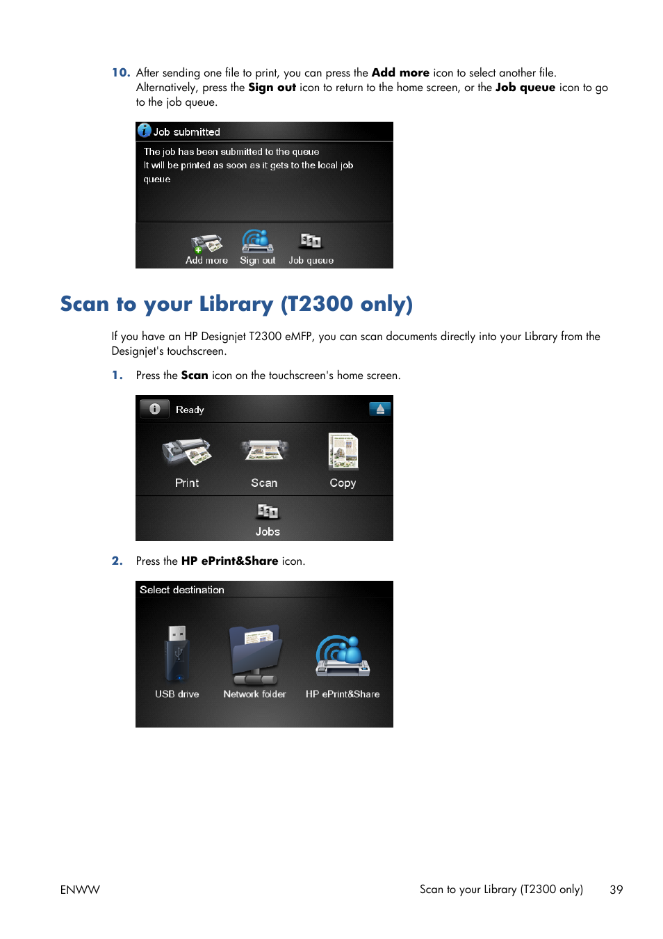 Scan to your library (t2300 only) | HP Designjet T1300 ePrinter User Manual | Page 43 / 54