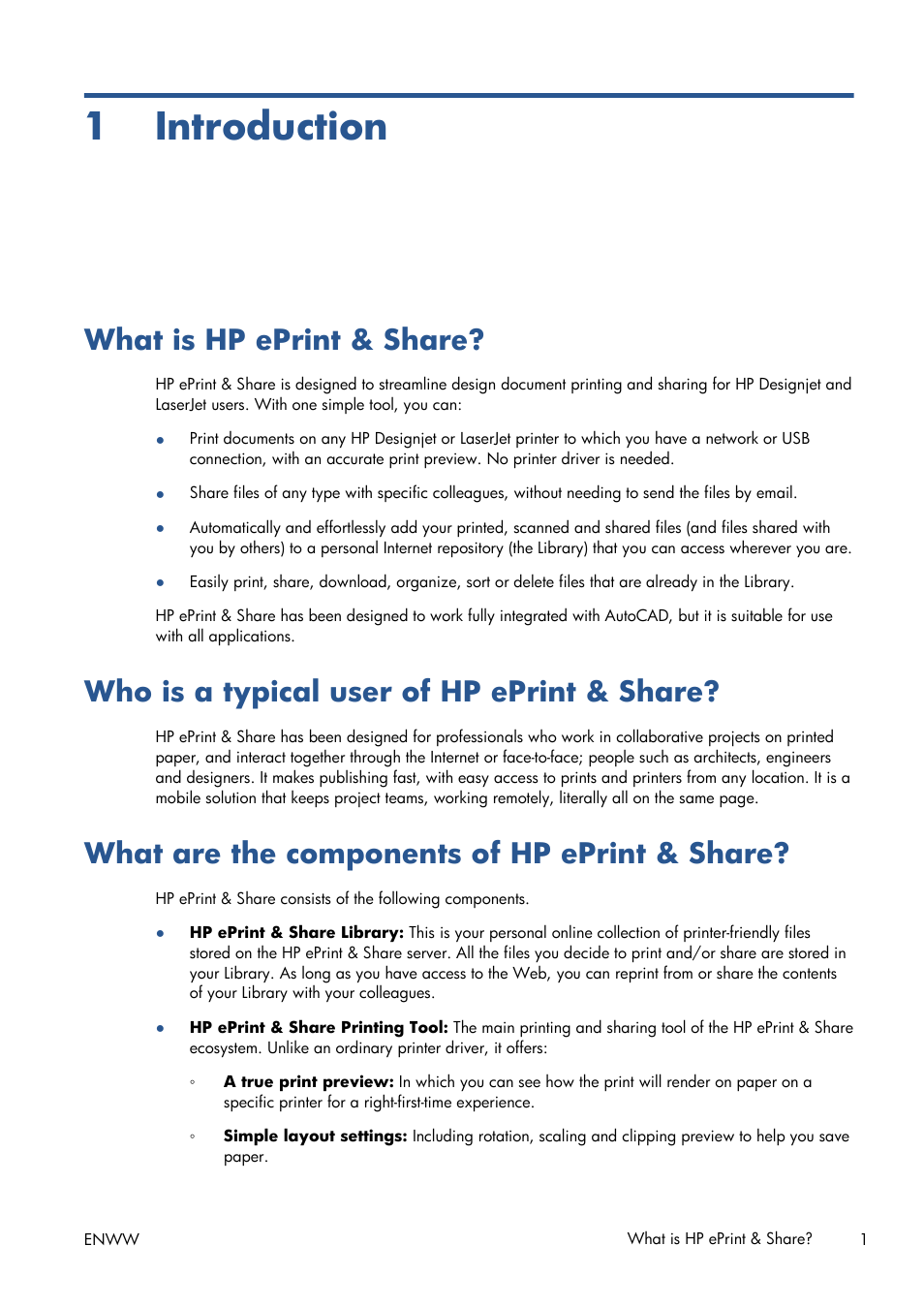 1 introduction, What is hp eprint & share, Who is a typical user of hp eprint & share | What are the components of hp eprint & share | HP Designjet T1300 ePrinter User Manual | Page 5 / 54