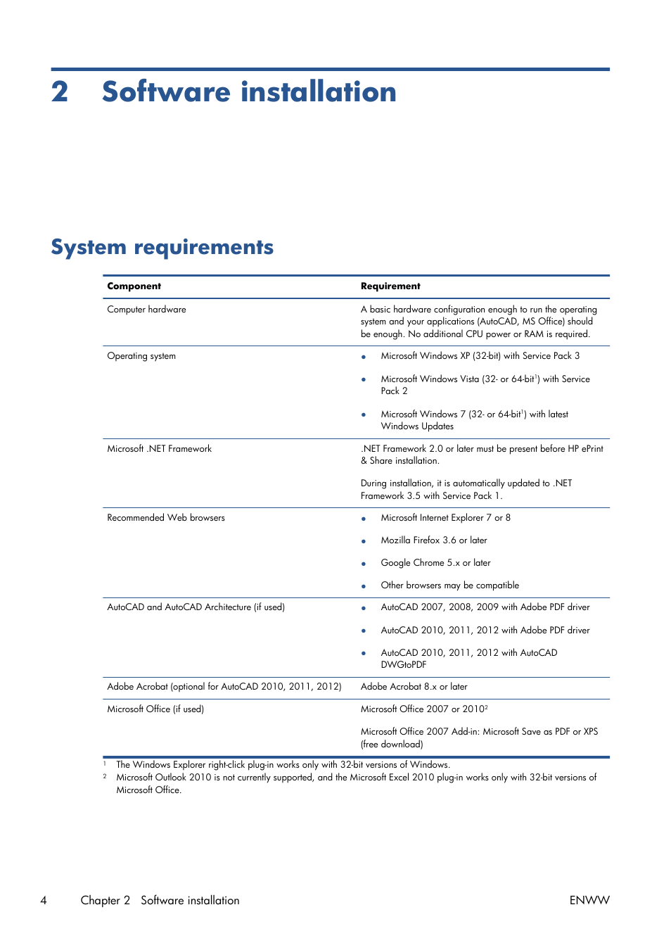 2 software installation, System requirements | HP Designjet T1300 ePrinter User Manual | Page 8 / 54