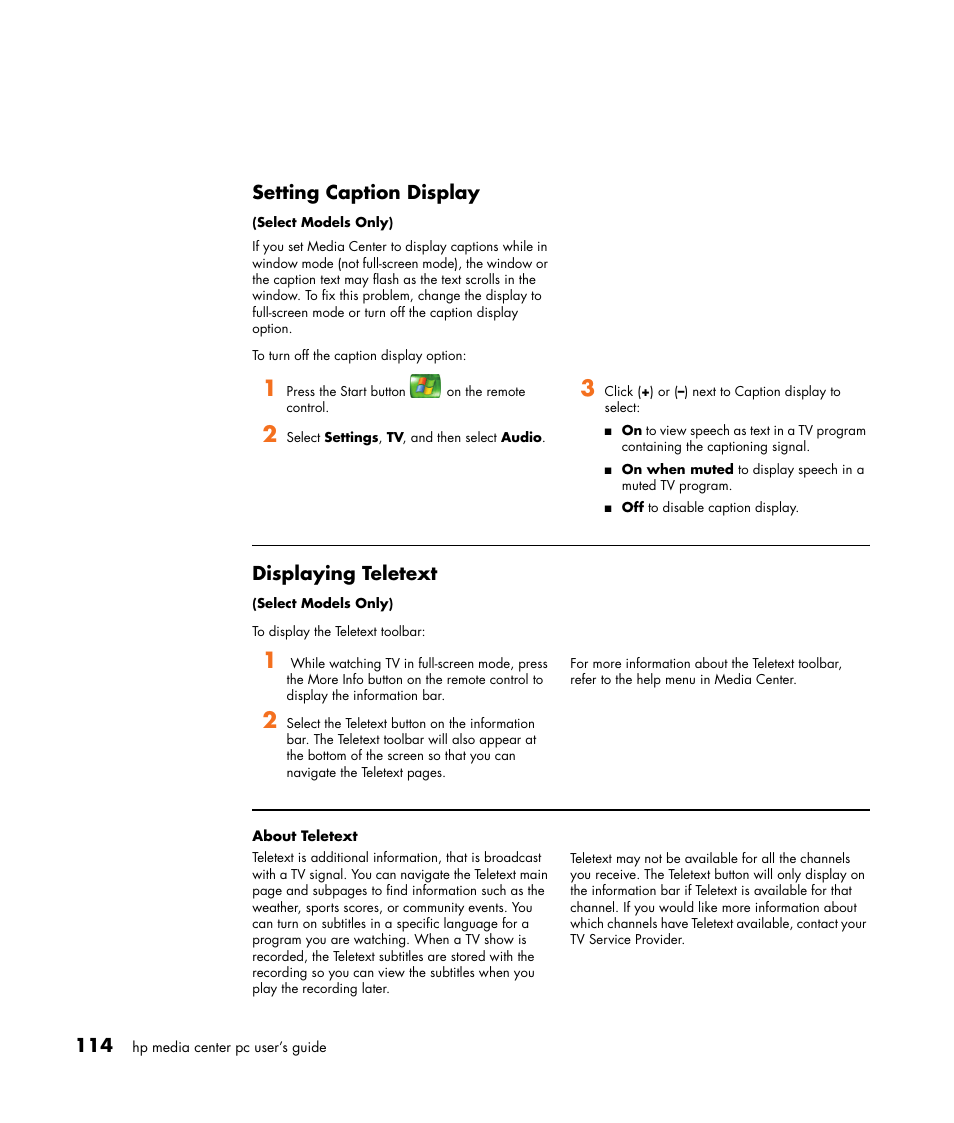 Setting caption display, Displaying teletext | HP Media Center m477.uk Desktop PC User Manual | Page 120 / 232