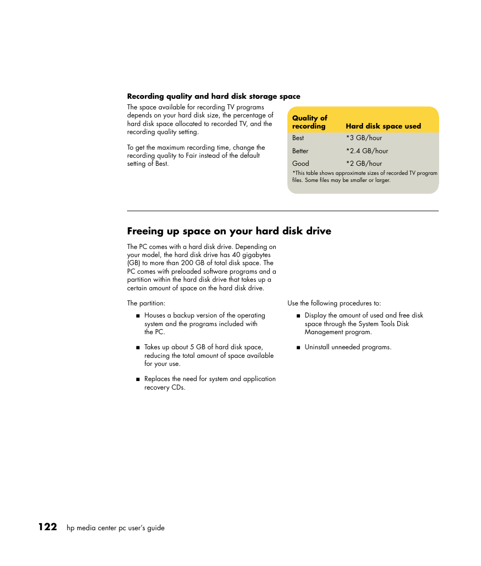 Freeing up space on your hard disk drive | HP Media Center m477.uk Desktop PC User Manual | Page 128 / 232
