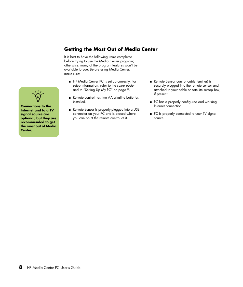 Getting the most out of media center | HP Media Center m477.uk Desktop PC User Manual | Page 14 / 232