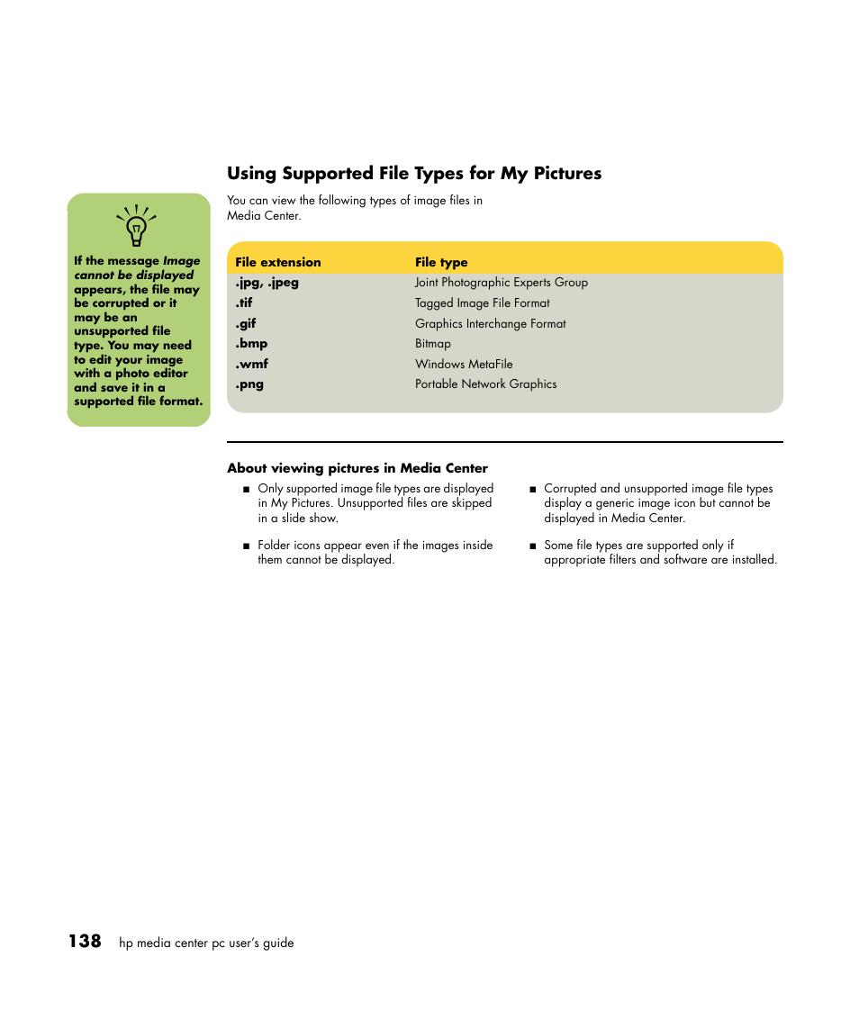 Using supported file types for my pictures | HP Media Center m477.uk Desktop PC User Manual | Page 144 / 232