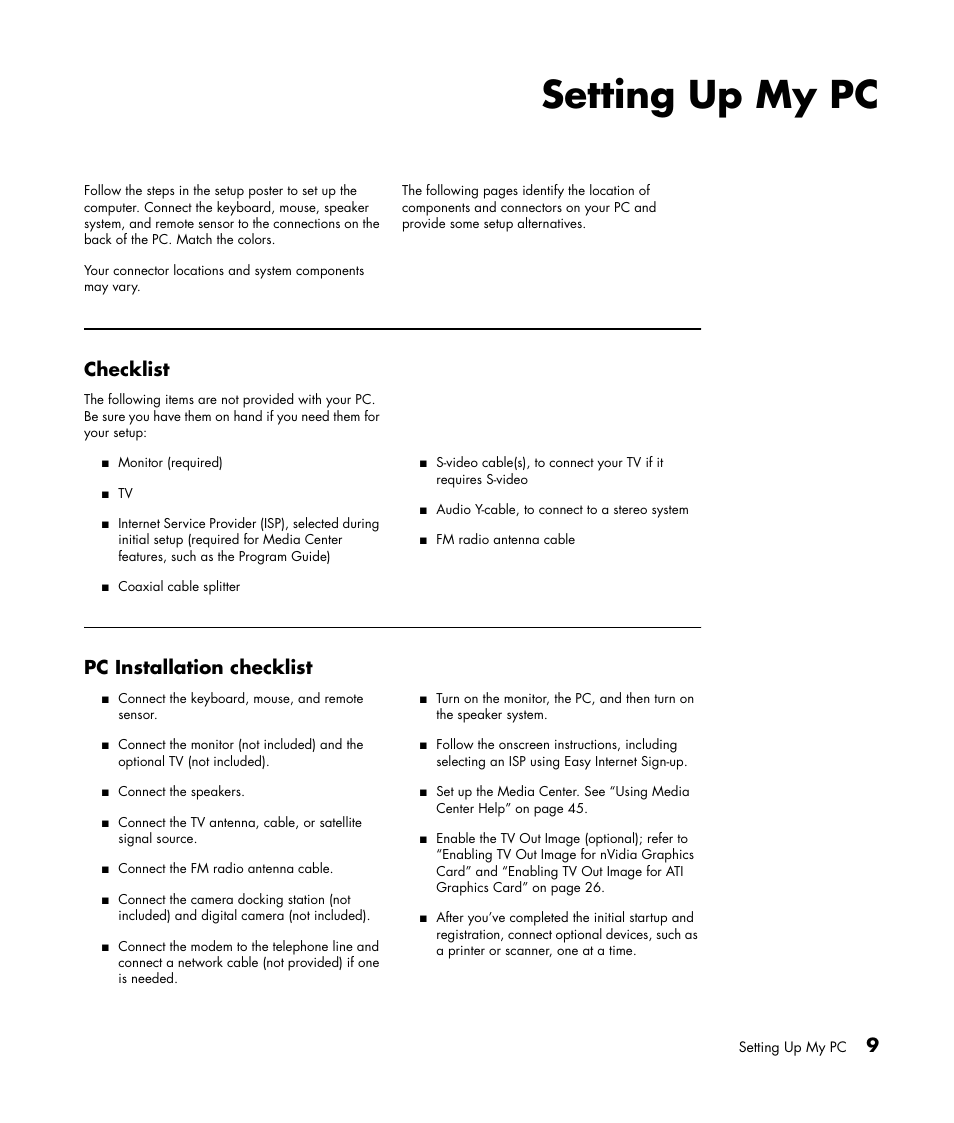 Setting up my pc, Checklist, Pc installation checklist | HP Media Center m477.uk Desktop PC User Manual | Page 15 / 232