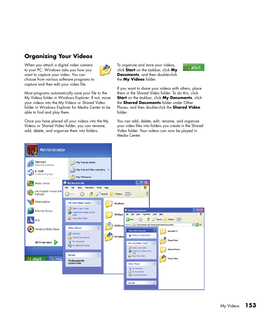 153 organizing your videos | HP Media Center m477.uk Desktop PC User Manual | Page 159 / 232