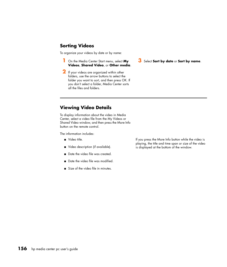 Sorting videos, Viewing video details | HP Media Center m477.uk Desktop PC User Manual | Page 162 / 232