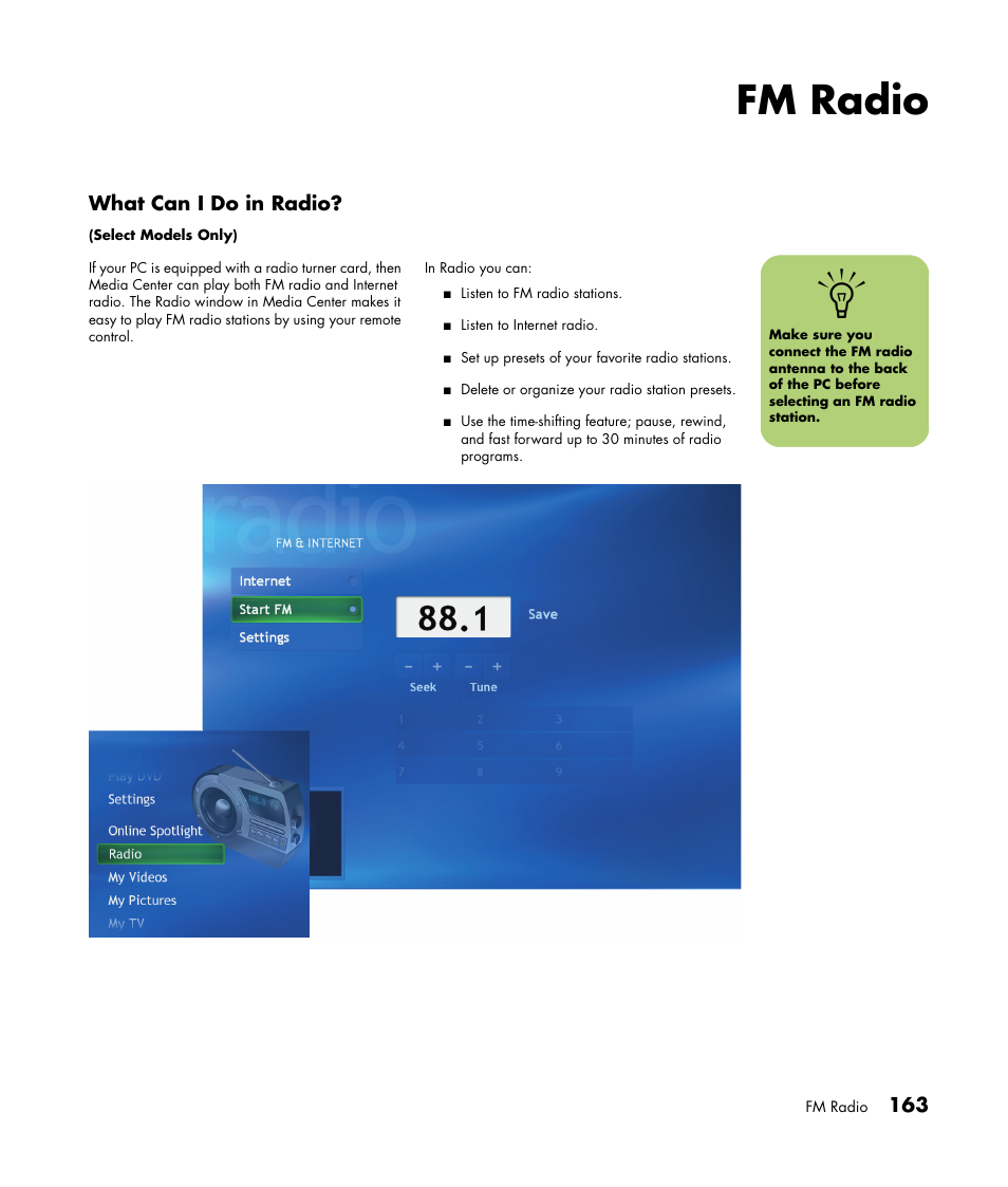 Fm radio | HP Media Center m477.uk Desktop PC User Manual | Page 169 / 232