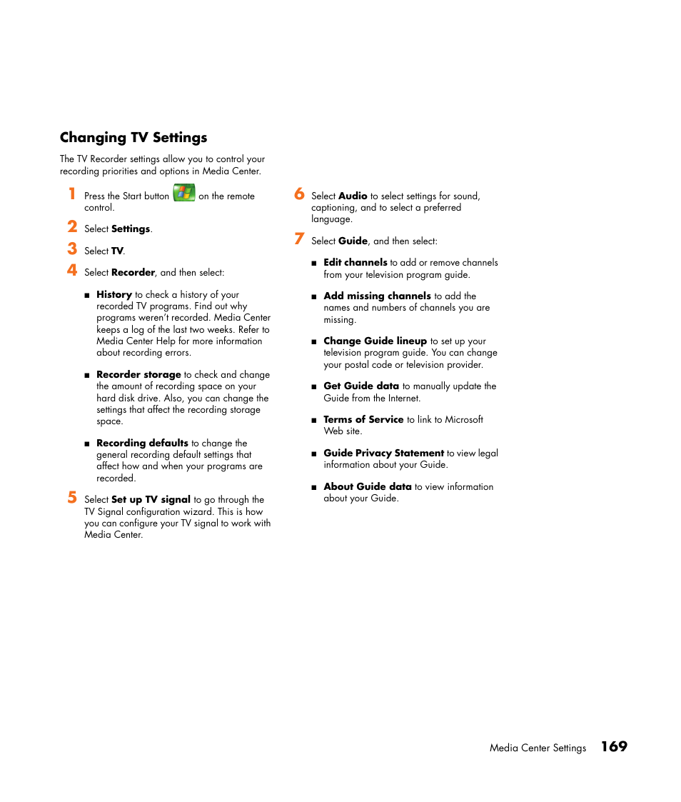 169 changing tv settings | HP Media Center m477.uk Desktop PC User Manual | Page 175 / 232