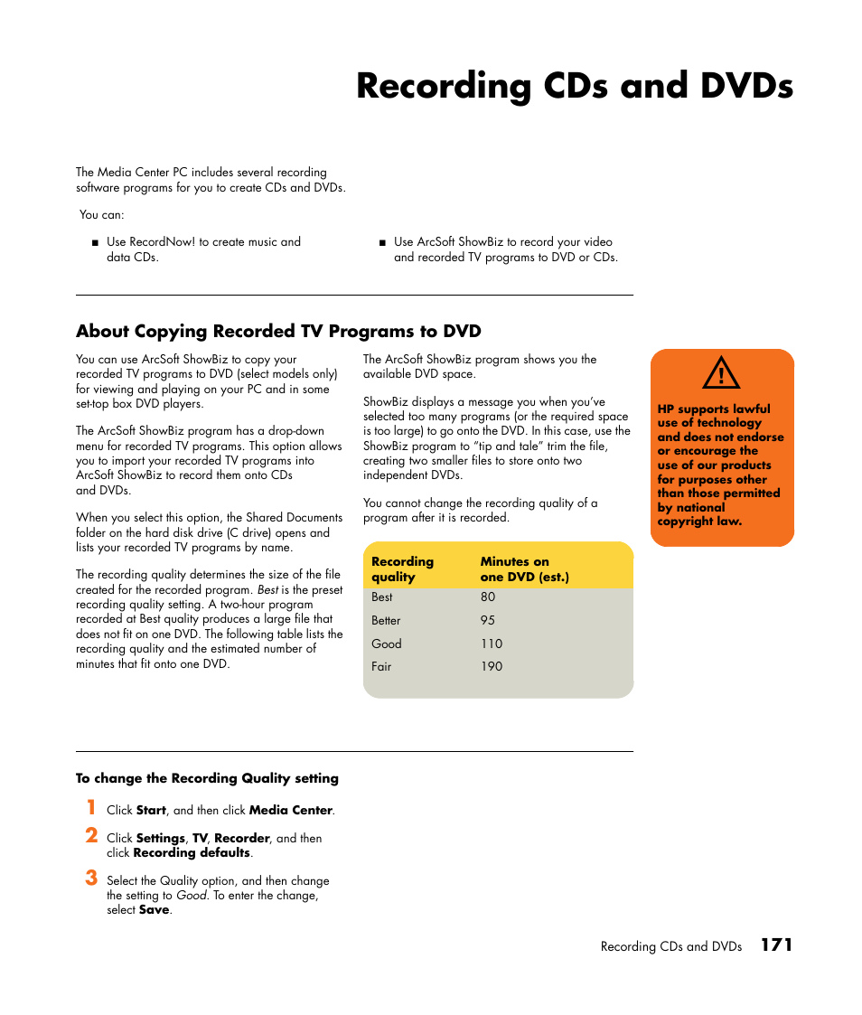 Recording cds and dvds | HP Media Center m477.uk Desktop PC User Manual | Page 177 / 232