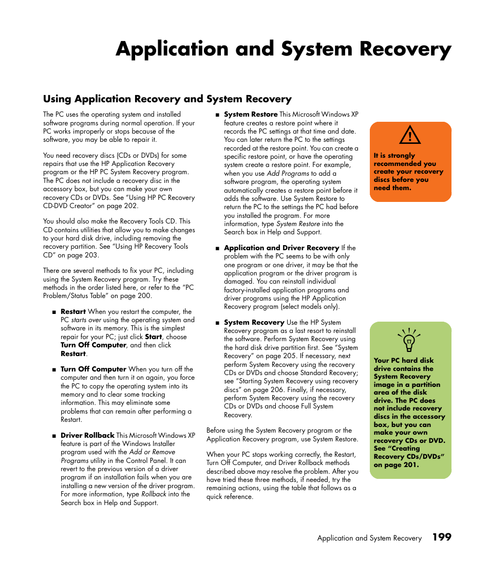 Application and system recovery | HP Media Center m477.uk Desktop PC User Manual | Page 205 / 232