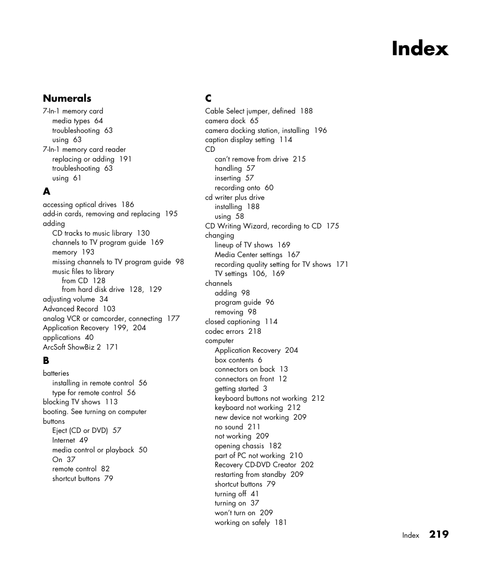 Index | HP Media Center m477.uk Desktop PC User Manual | Page 225 / 232