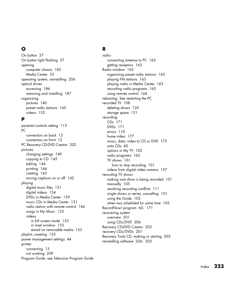 223 o | HP Media Center m477.uk Desktop PC User Manual | Page 229 / 232