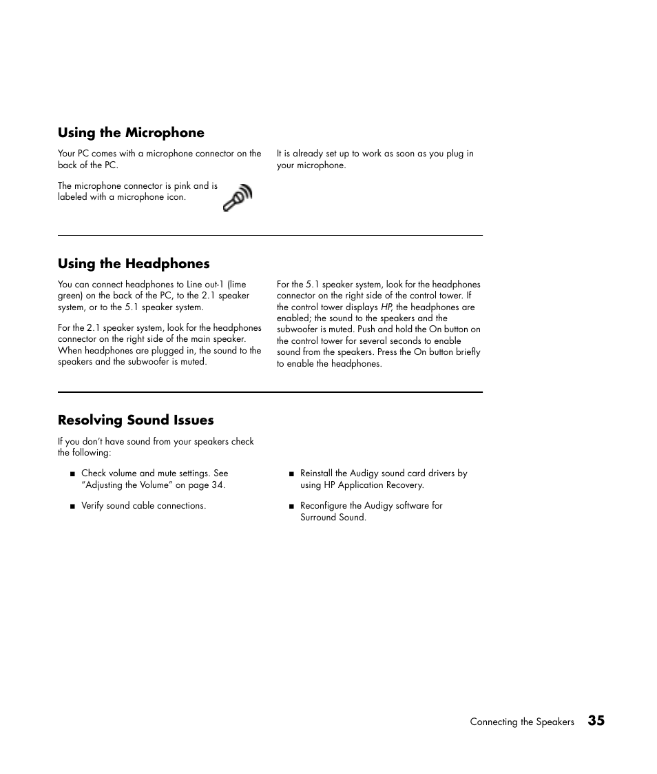 35 using the microphone, Using the headphones, Resolving sound issues | HP Media Center m477.uk Desktop PC User Manual | Page 41 / 232