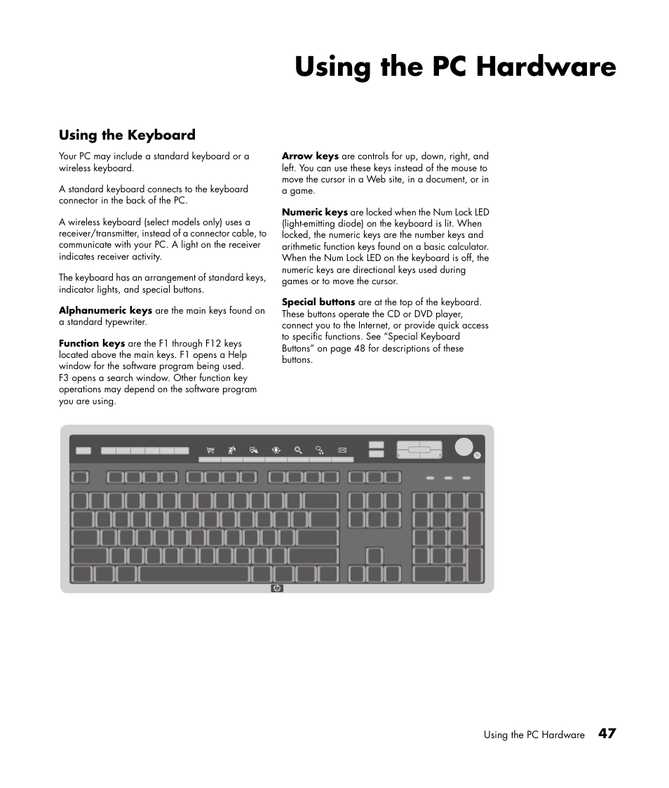 Using the pc hardware, Using the keyboard | HP Media Center m477.uk Desktop PC User Manual | Page 53 / 232