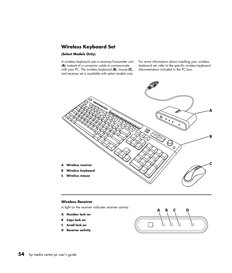 Wireless keyboard set | HP Media Center m477.uk Desktop PC User Manual | Page 60 / 232