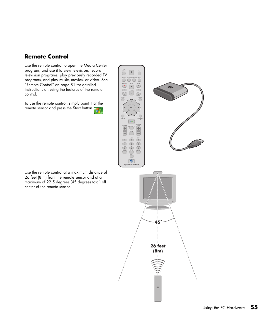 55 remote control, Using the pc hardware | HP Media Center m477.uk Desktop PC User Manual | Page 61 / 232