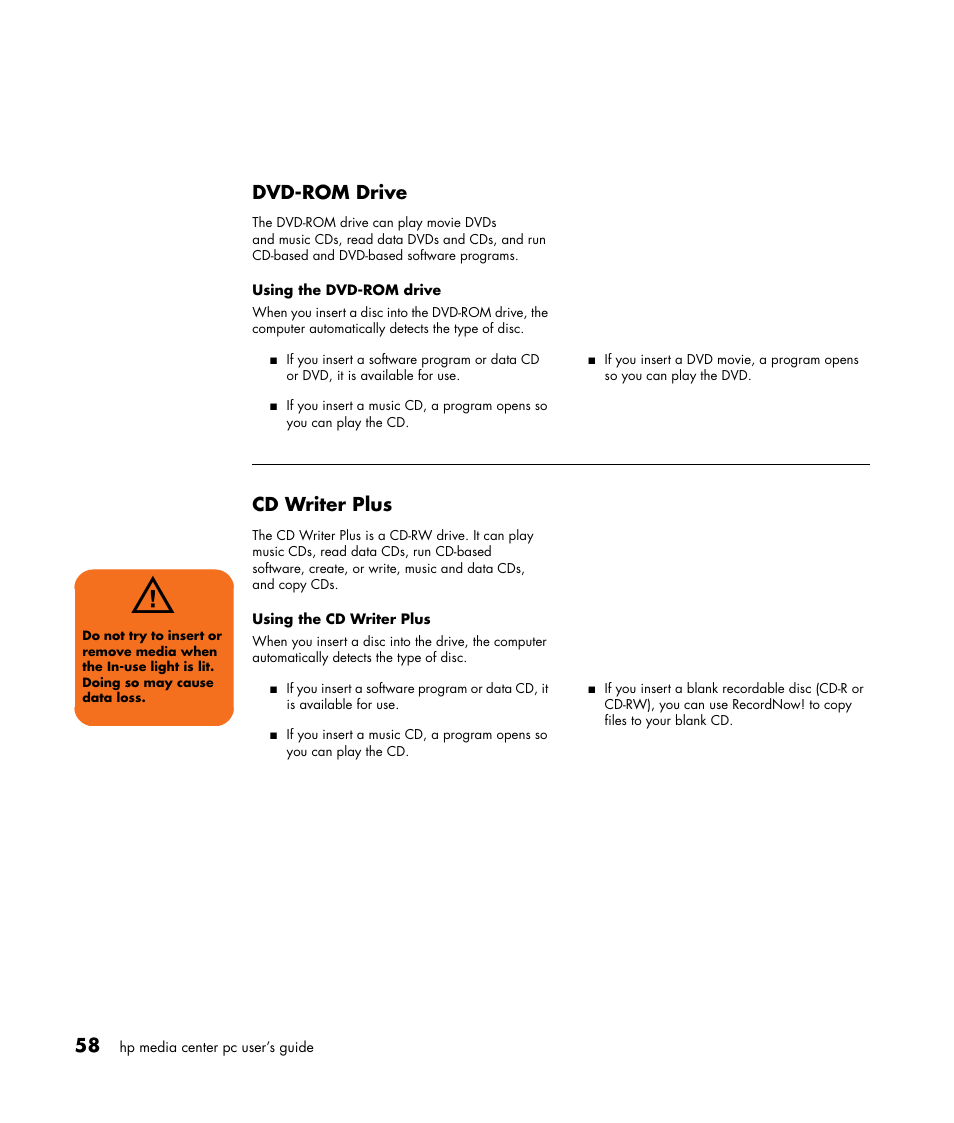 Dvd-rom drive, Cd writer plus | HP Media Center m477.uk Desktop PC User Manual | Page 64 / 232