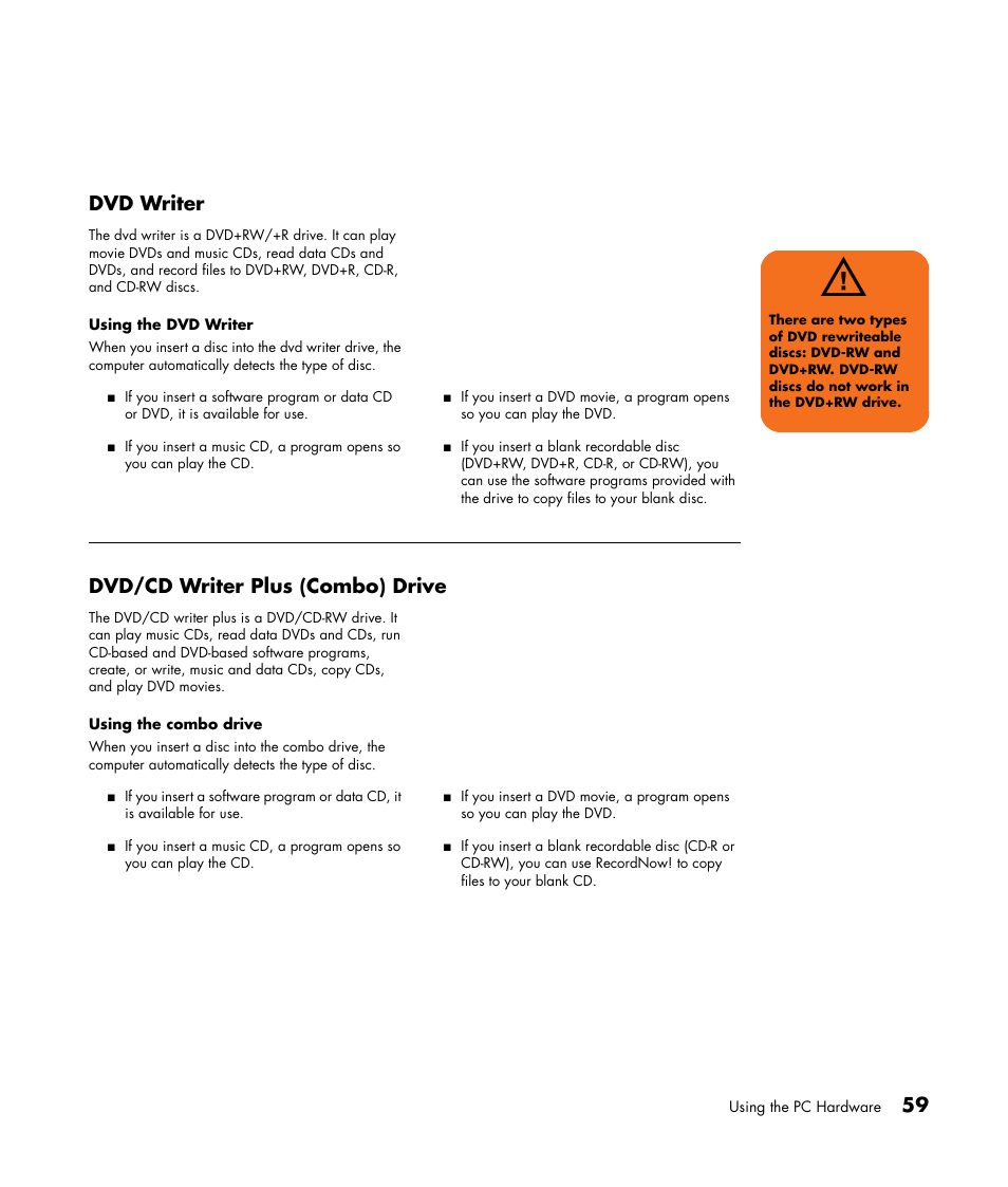 59 dvd writer, Dvd/cd writer plus (combo) drive | HP Media Center m477.uk Desktop PC User Manual | Page 65 / 232