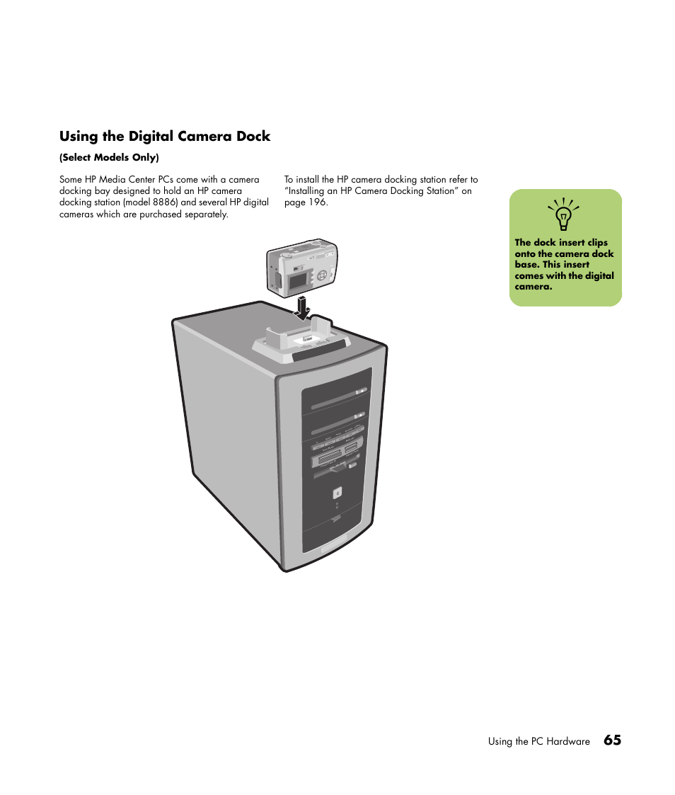 65 using the digital camera dock, Using the pc hardware | HP Media Center m477.uk Desktop PC User Manual | Page 71 / 232
