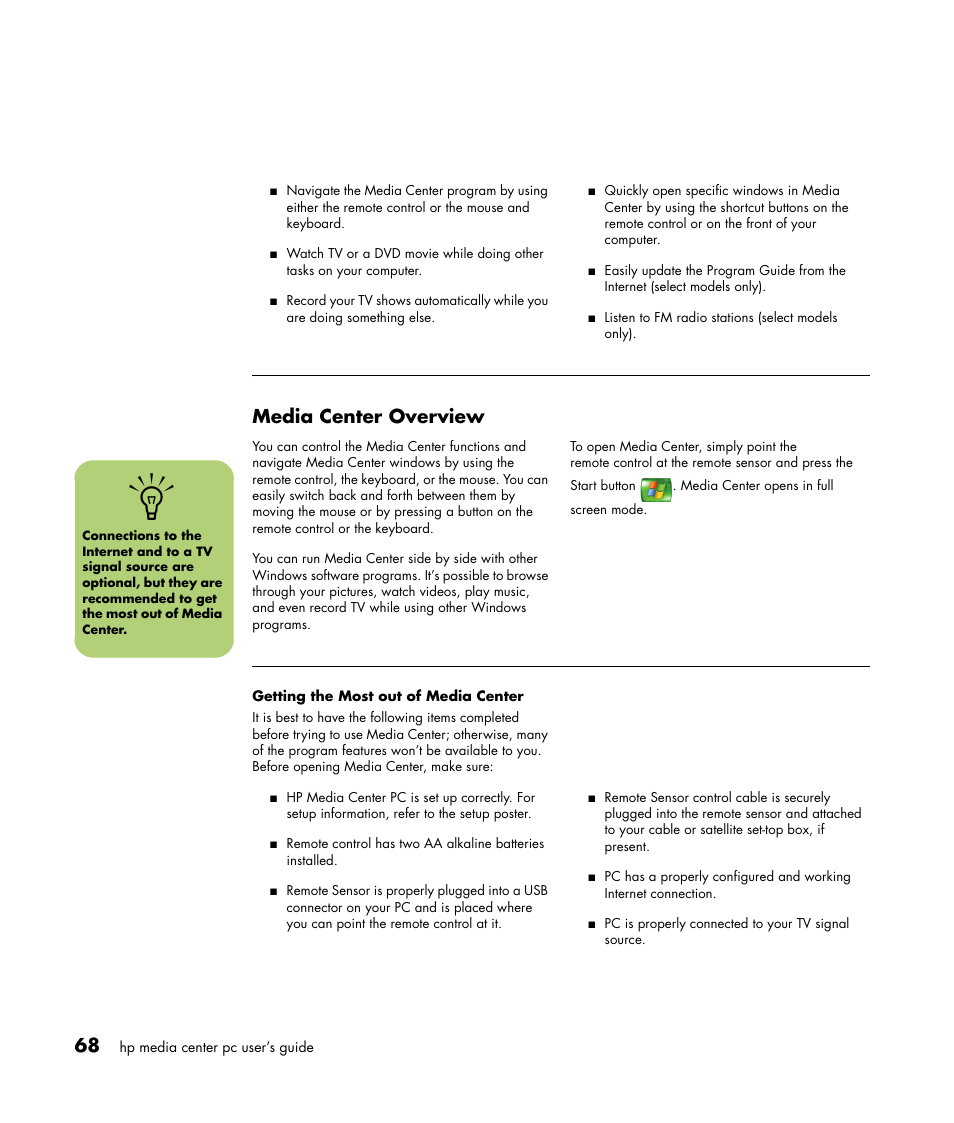Media center overview | HP Media Center m477.uk Desktop PC User Manual | Page 74 / 232