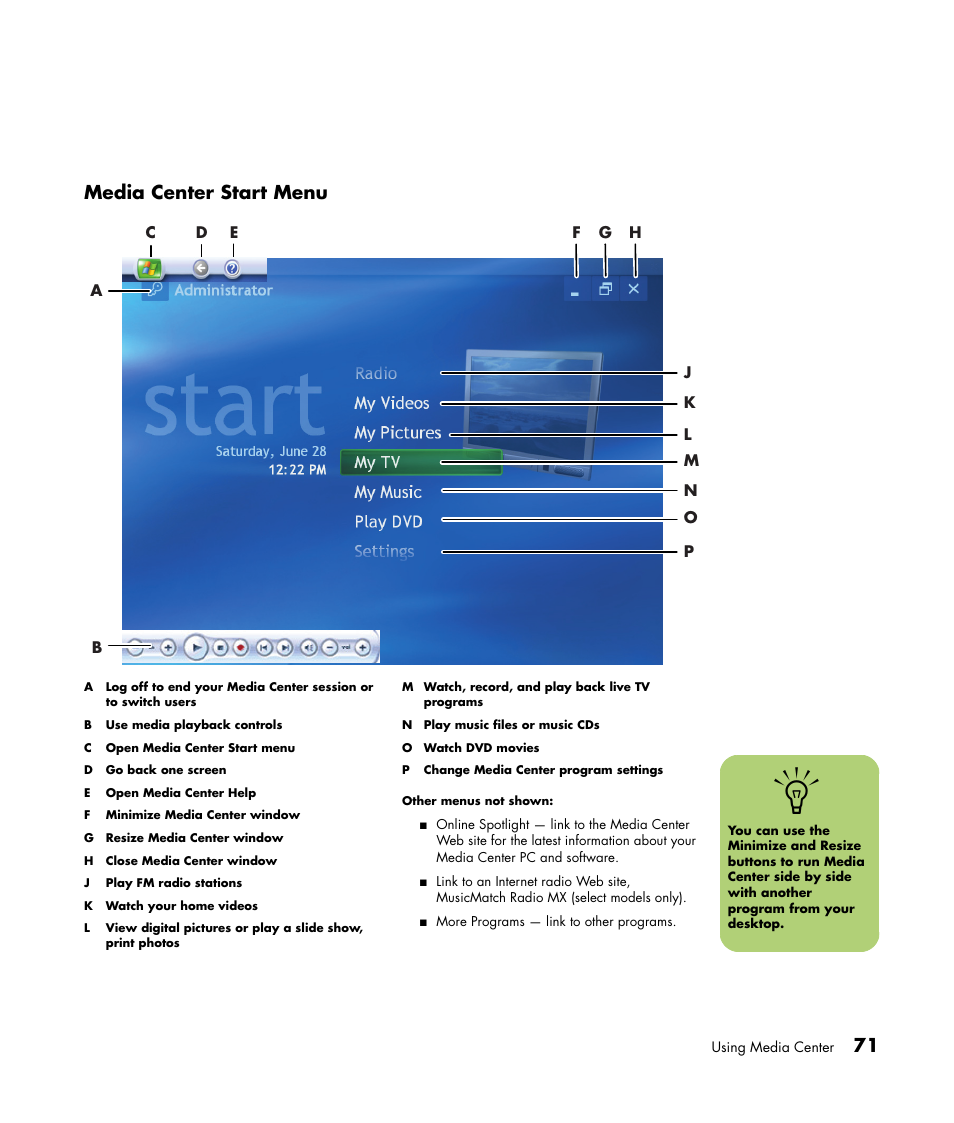 71 media center start menu | HP Media Center m477.uk Desktop PC User Manual | Page 77 / 232
