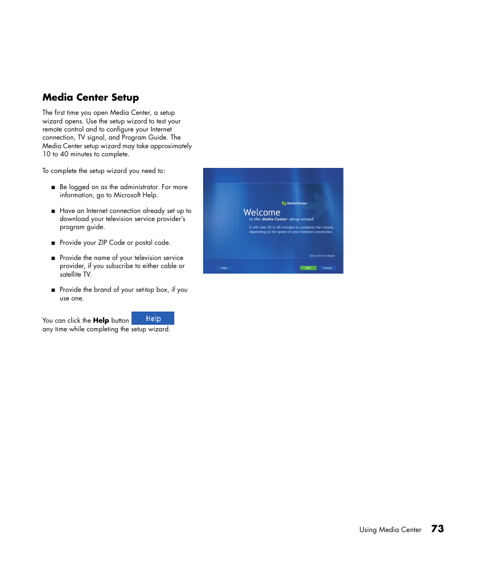 73 media center setup | HP Media Center m477.uk Desktop PC User Manual | Page 79 / 232
