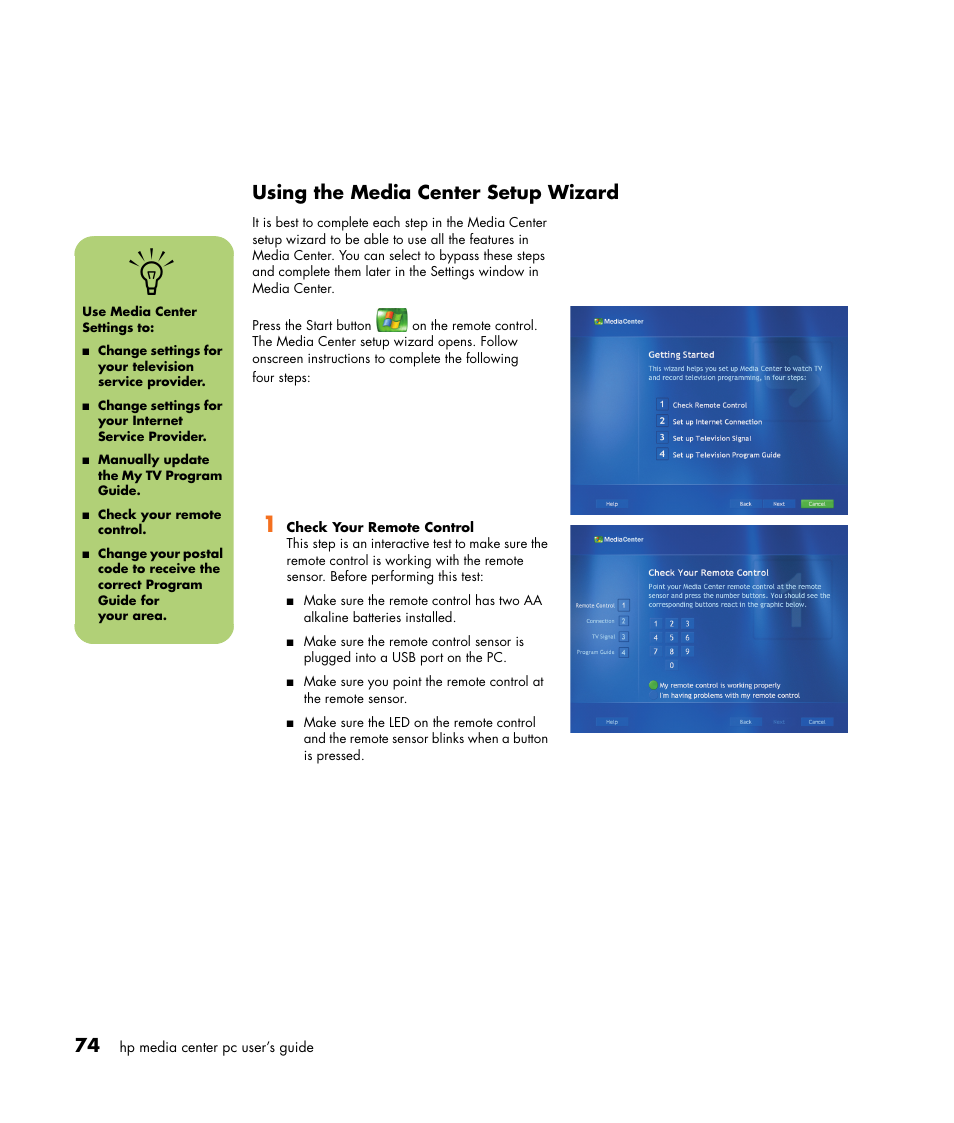 Using the media center setup wizard | HP Media Center m477.uk Desktop PC User Manual | Page 80 / 232