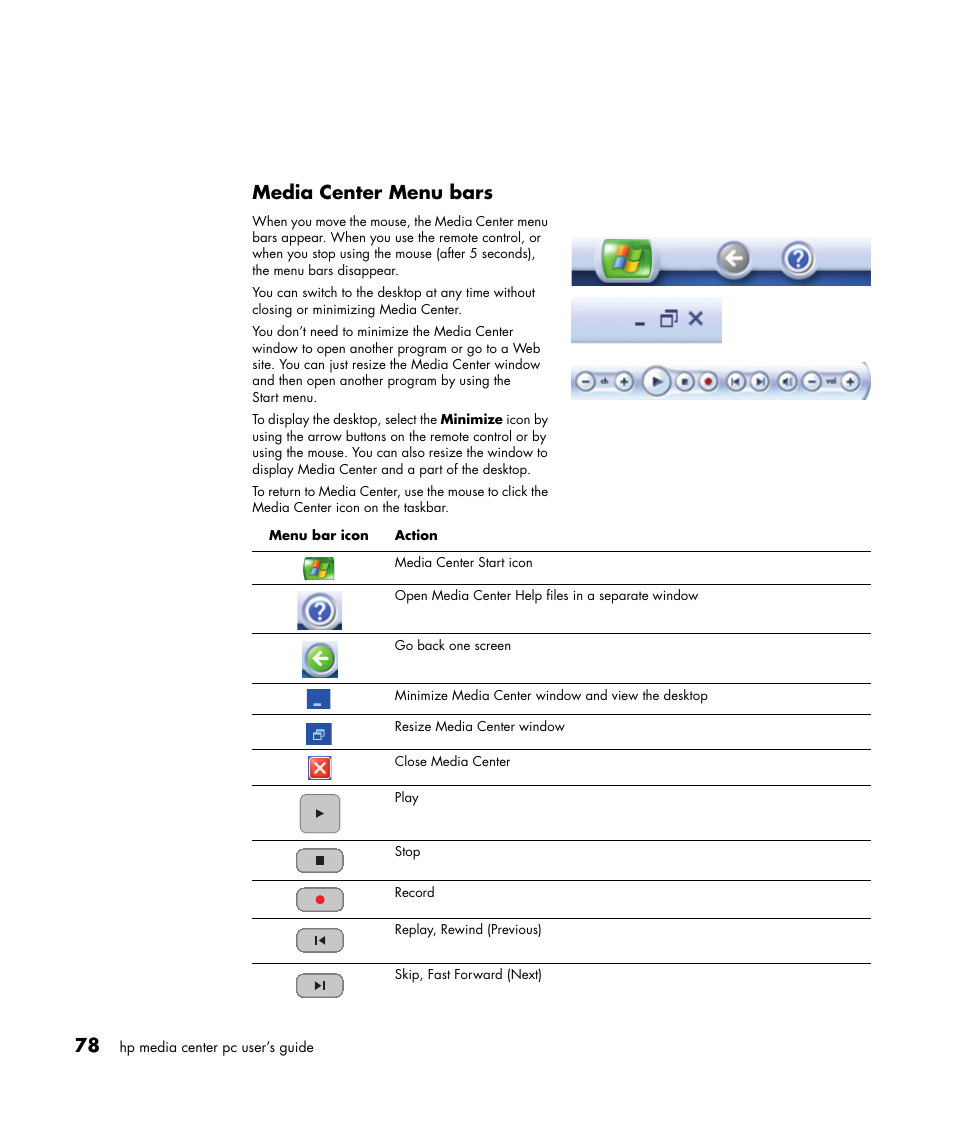 Media center menu bars | HP Media Center m477.uk Desktop PC User Manual | Page 84 / 232