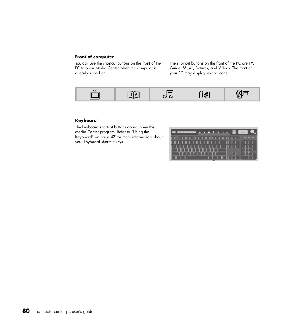 Hp media center pc user’s guide front of computer, Keyboard | HP Media Center m477.uk Desktop PC User Manual | Page 86 / 232
