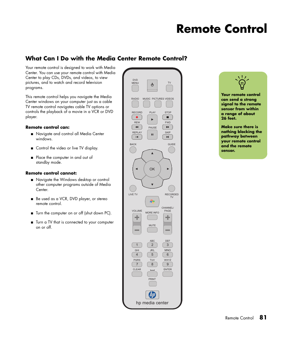 What can i do with the media center remote control, Remote control, Remote control can | Remote control cannot, Hp media center | HP Media Center m477.uk Desktop PC User Manual | Page 87 / 232