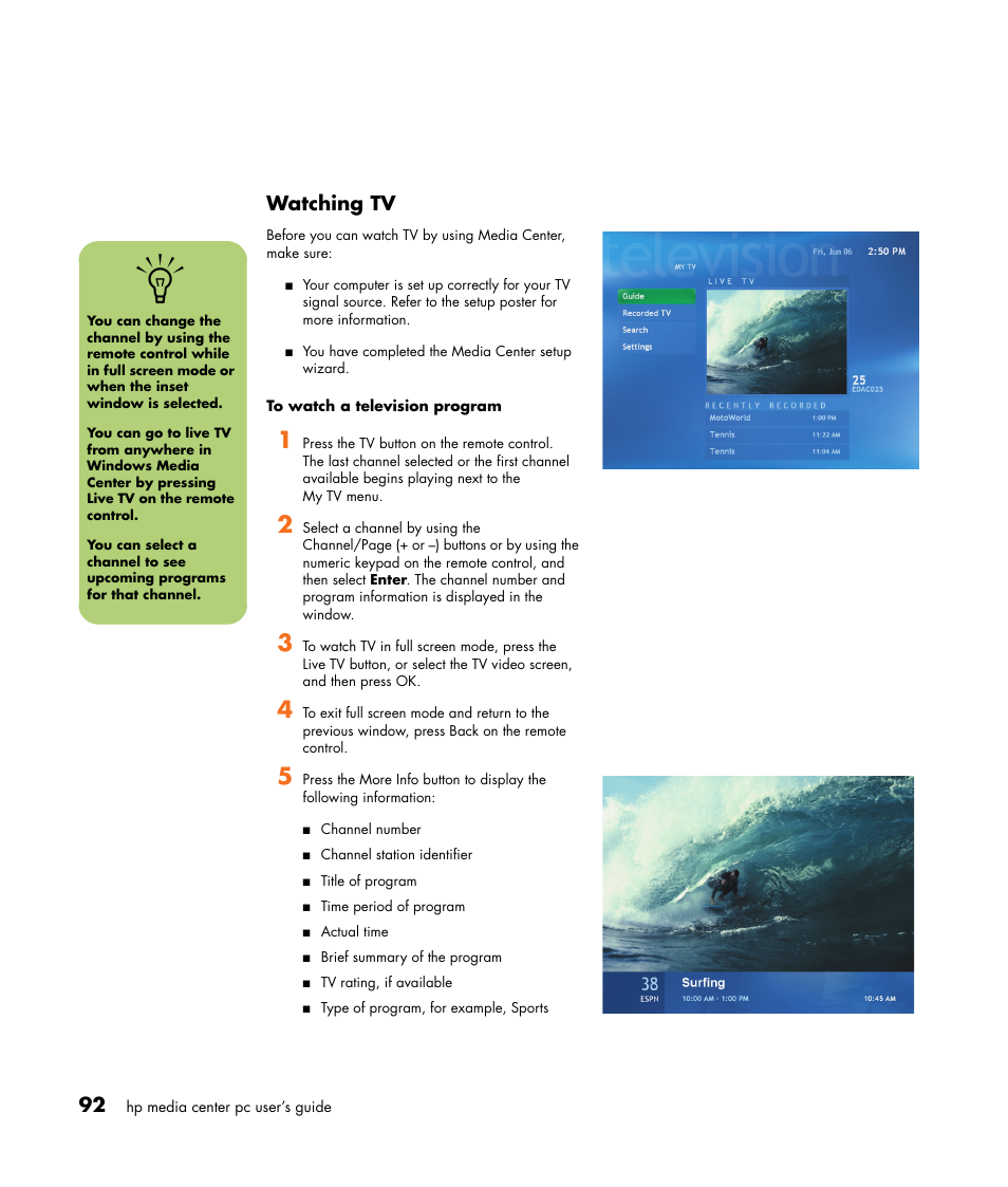 Watching tv | HP Media Center m477.uk Desktop PC User Manual | Page 98 / 232