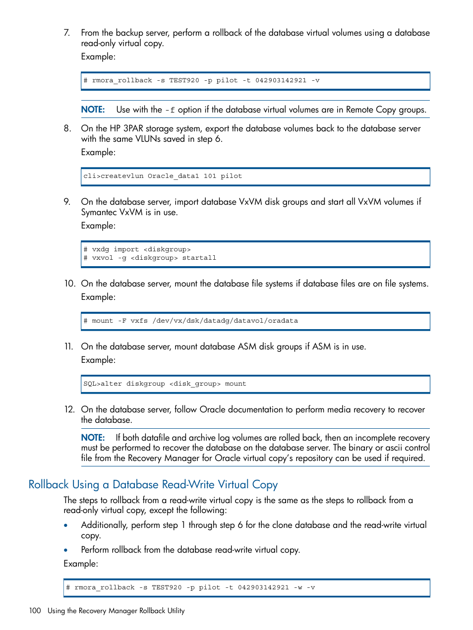 Rollback using a database read-write virtual copy | HP 3PAR Application Software Suite for Oracle User Manual | Page 100 / 194