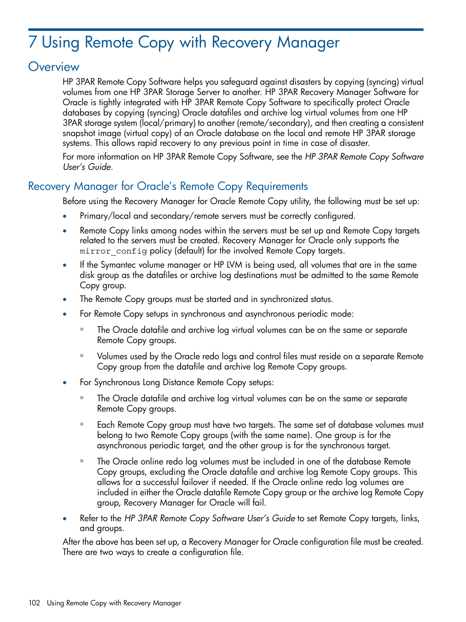 7 using remote copy with recovery manager, Overview | HP 3PAR Application Software Suite for Oracle User Manual | Page 102 / 194