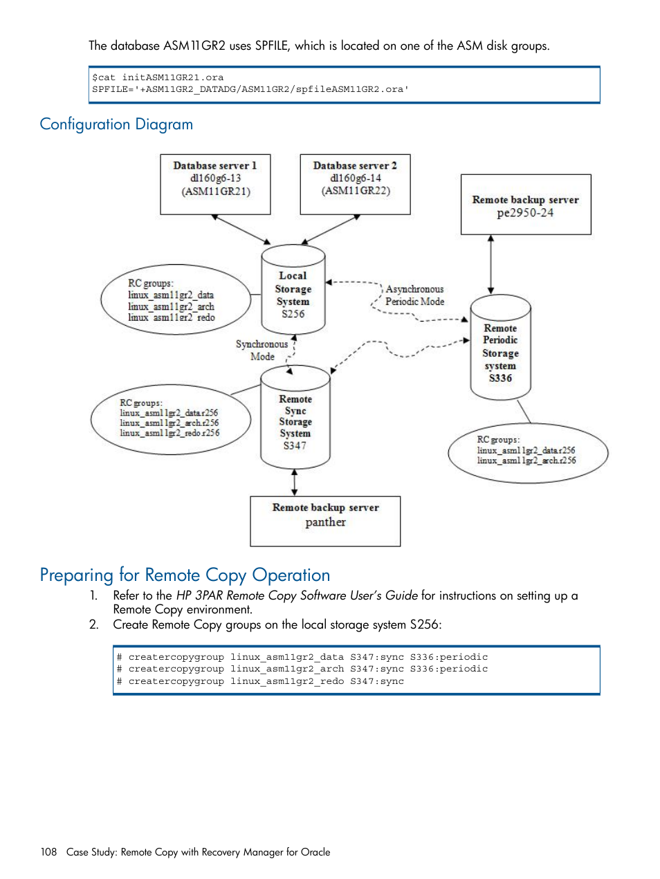 Configuration diagram, Preparing for remote copy operation | HP 3PAR Application Software Suite for Oracle User Manual | Page 108 / 194